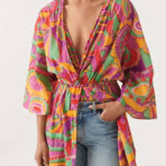 ba&sh Dean Graphic-Print Kimono Blouse Coverup Size 1 / US Small - Picture 1 of 9